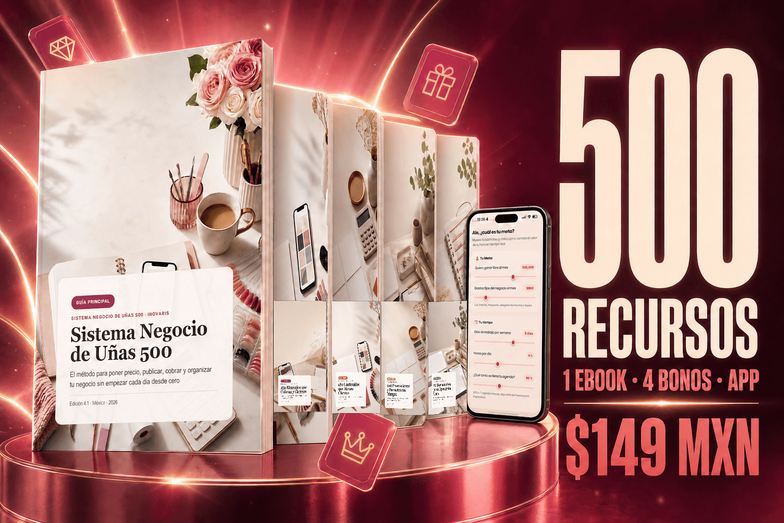 Mockup del Sistema Negocio de Uñas 500 con guía, cuatro bonos y app