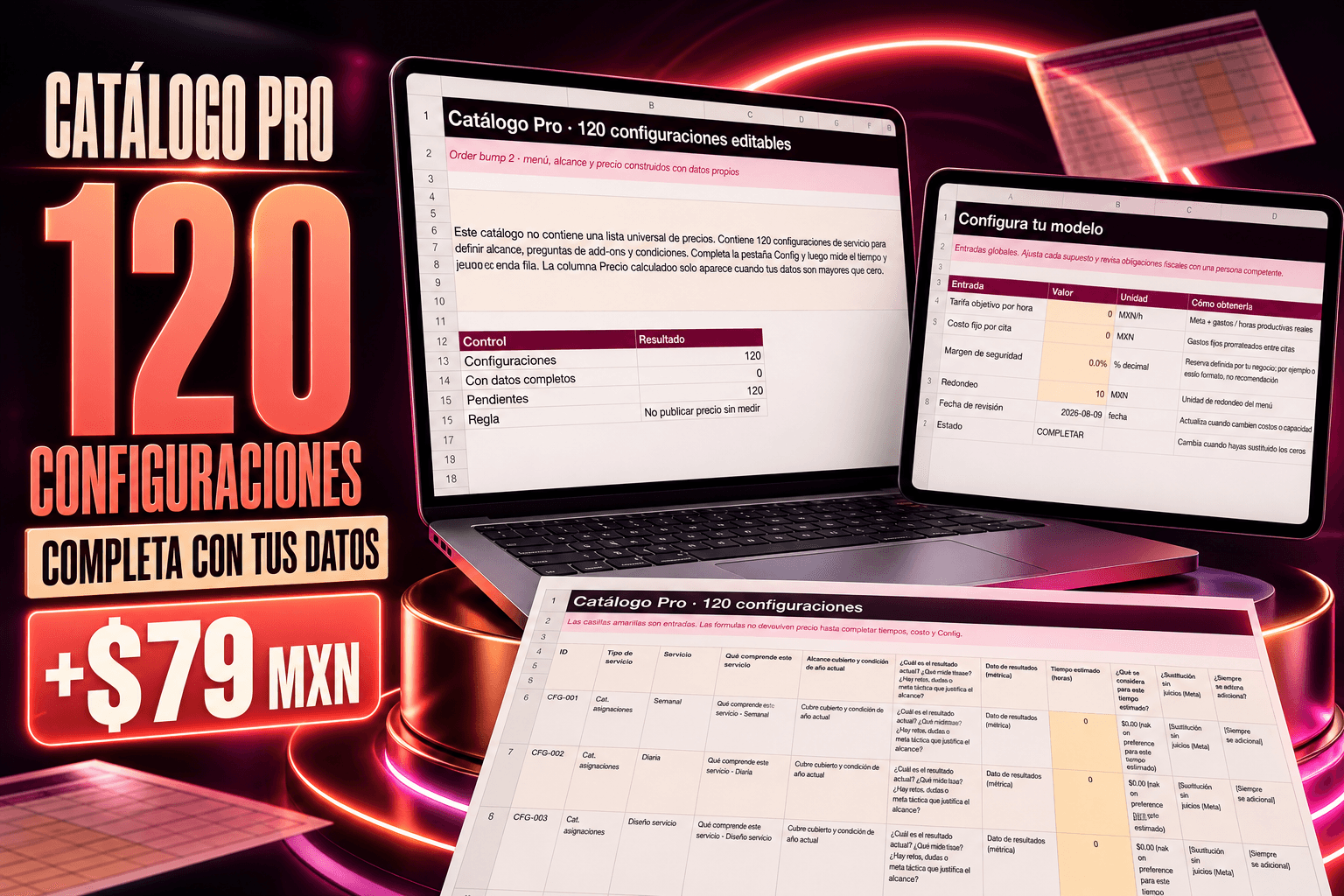 Mockup del Catálogo Pro de 120 configuraciones editables